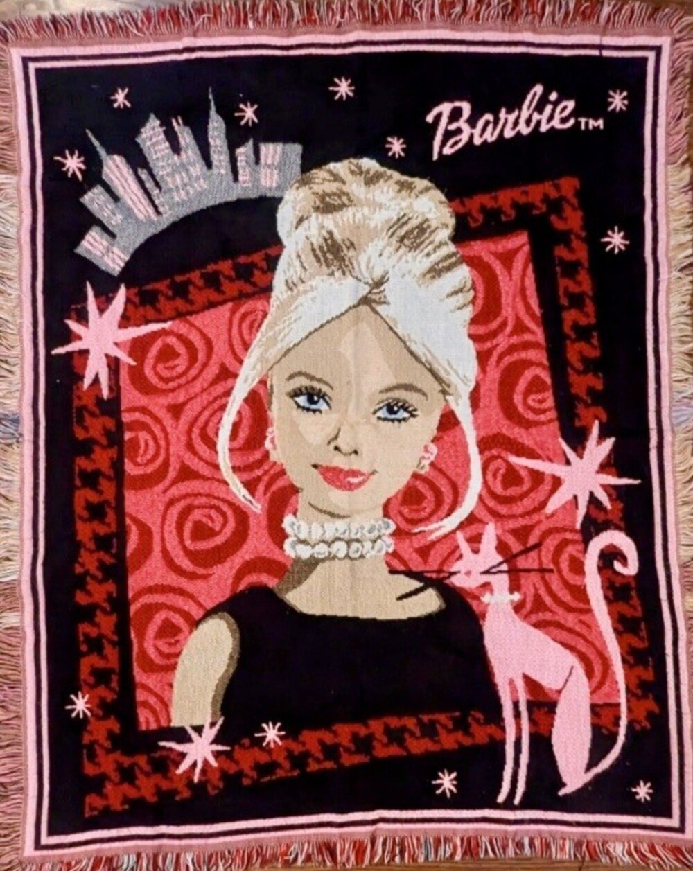 Barbie Pink & Black Fringed Throw Blanket in Aubrey Hepburn style